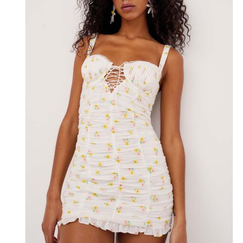 FOR LOVE & LEMONS Celia Floral White Ruched Mini Dress NWT Medium